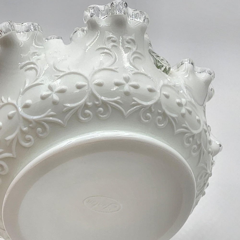 Fenton Spanish Lace White Milk Glass Silver Crest Basket Clear Rim Vintage - Picture 9 of 13